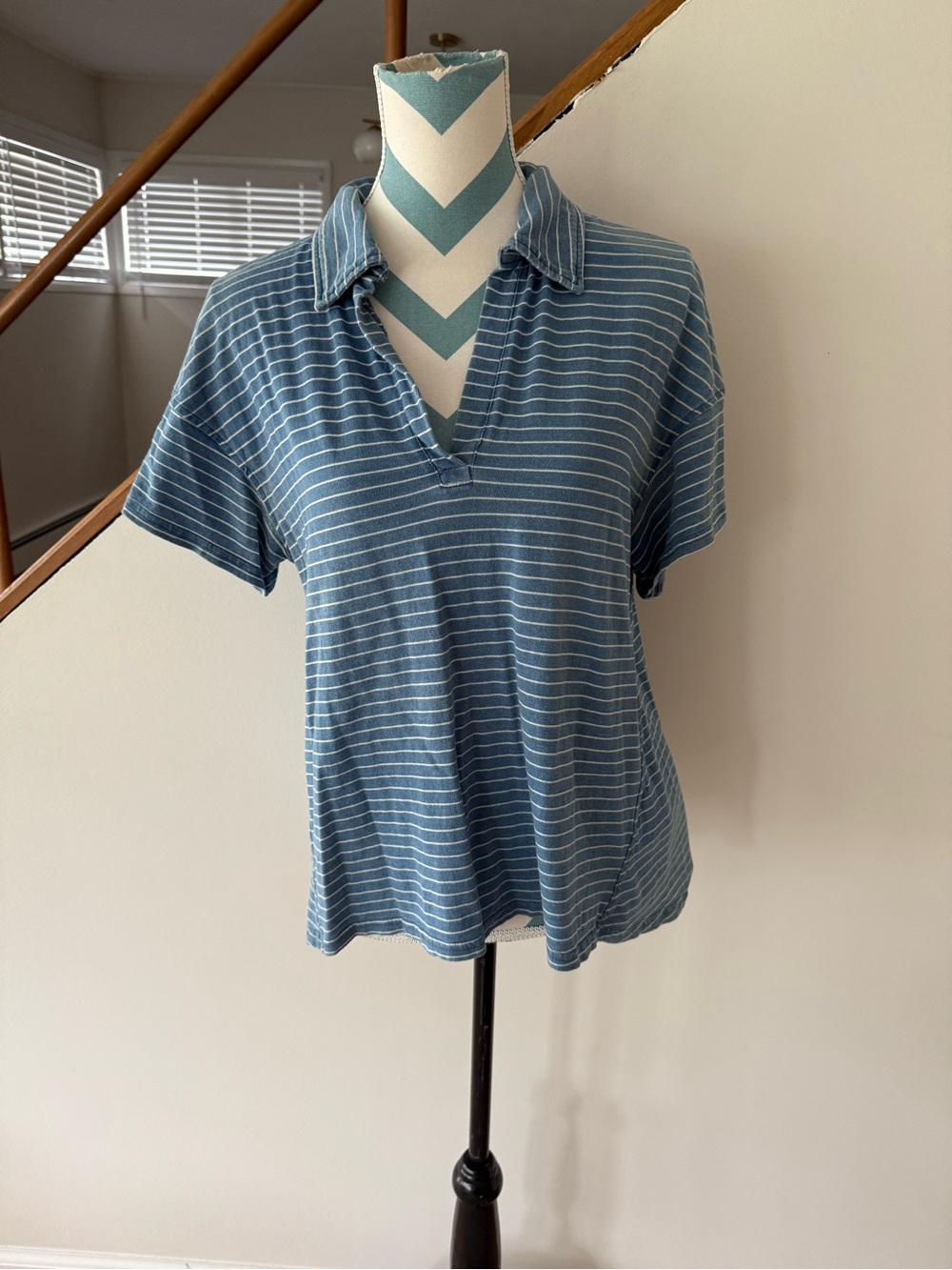 Jane and Delancey Blue and White Striped Collared Short Sleeve Tee